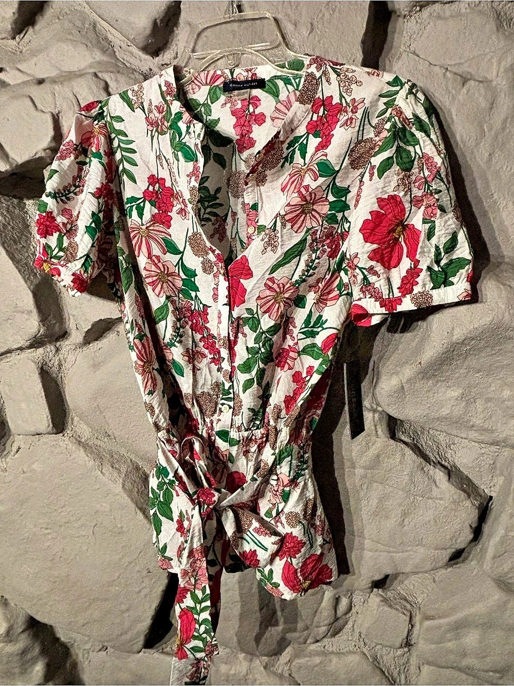 Tommy Hilfiger Floral Tie-Front Blouse in White & Pink Size Medium NWT
